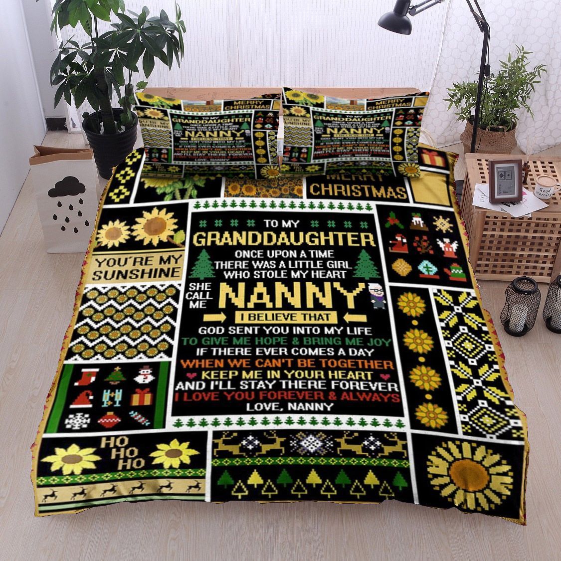 To My Granddaughter Christmas Sunflower Bedding Set