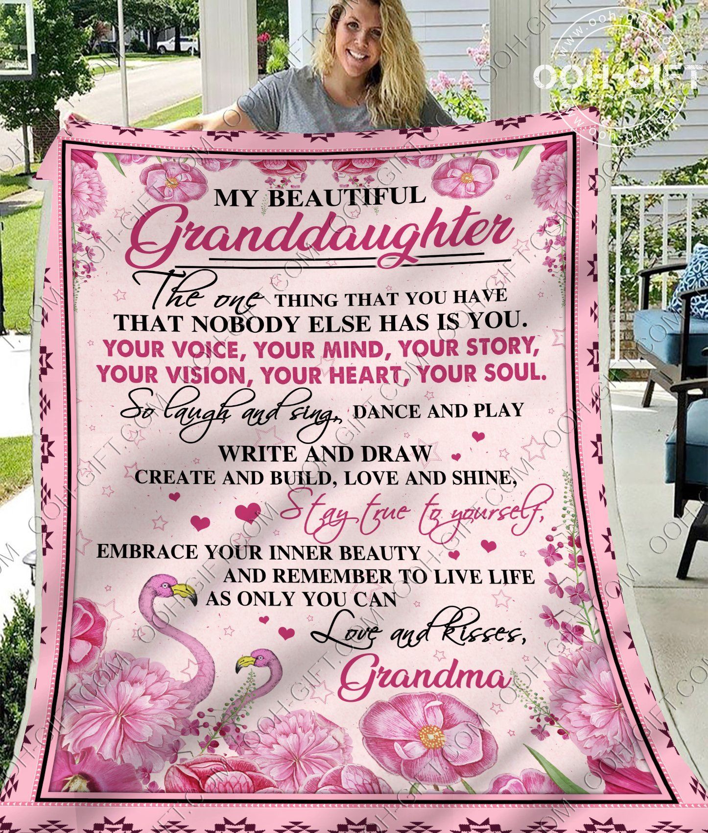 To My Granddaughter Grandma Flamingo Sherpa Fleece Blanket