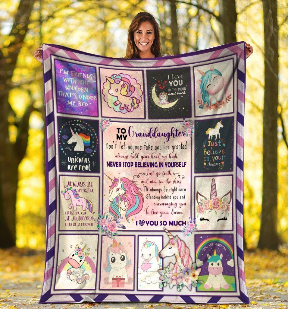 To My Granddaughter Unicorn Rainbow Fleece Blanket