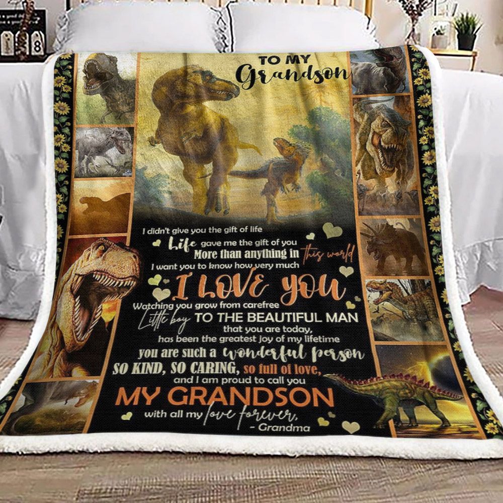 To My Grandson Dinosaur Sunflower Sherpa Fleece Blanket