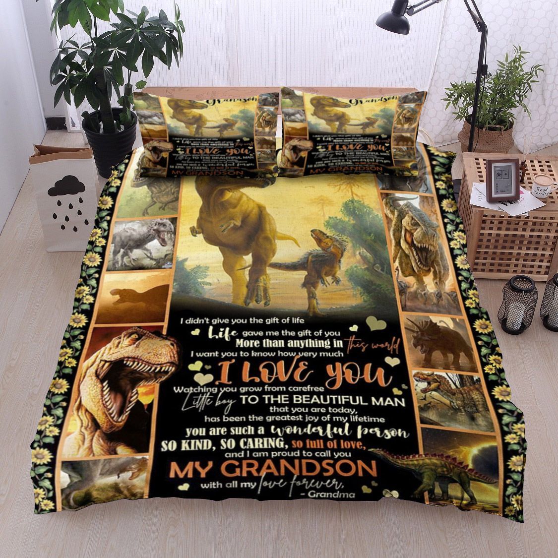 To My Grandson Dinosaur Sunflower Bedding Set