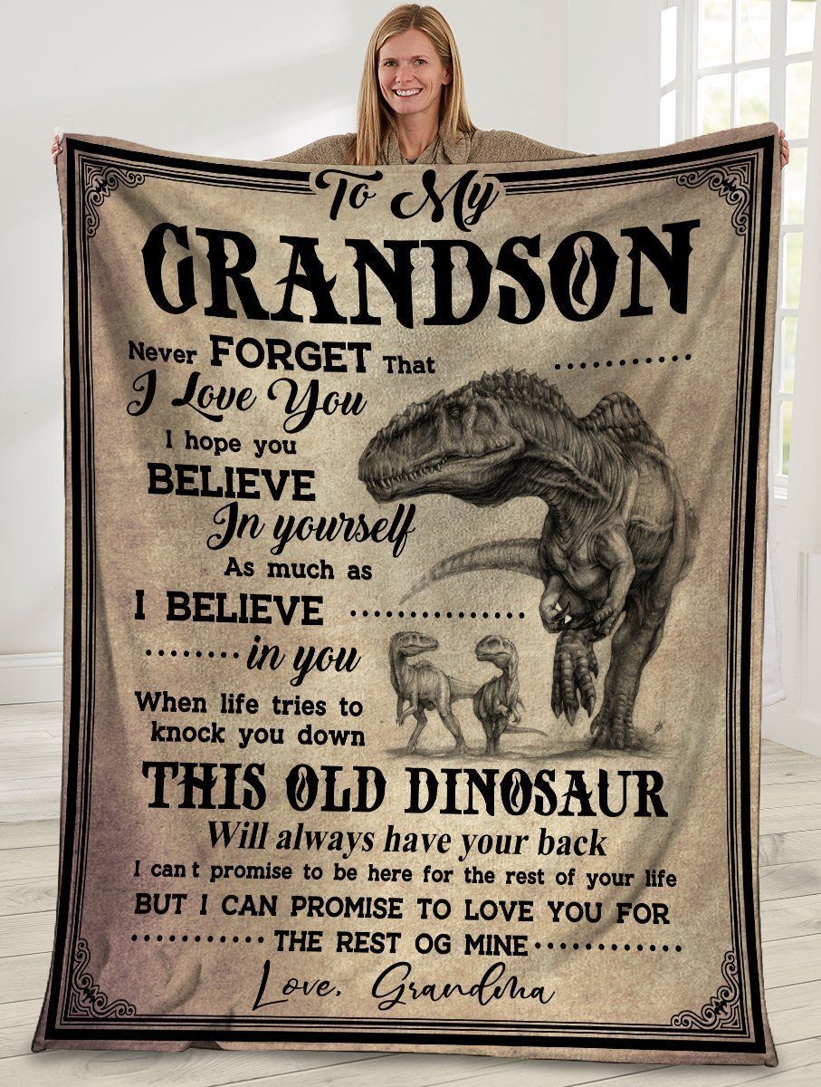To My Grandson Grandma And Grandson Dinosaur Printed Fleece Blanket