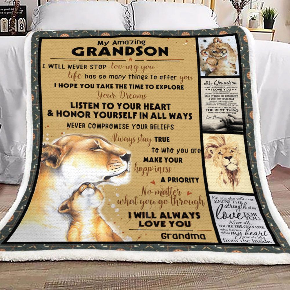 To My Grandson Grandma Lion Sherpa Fleece Blanket