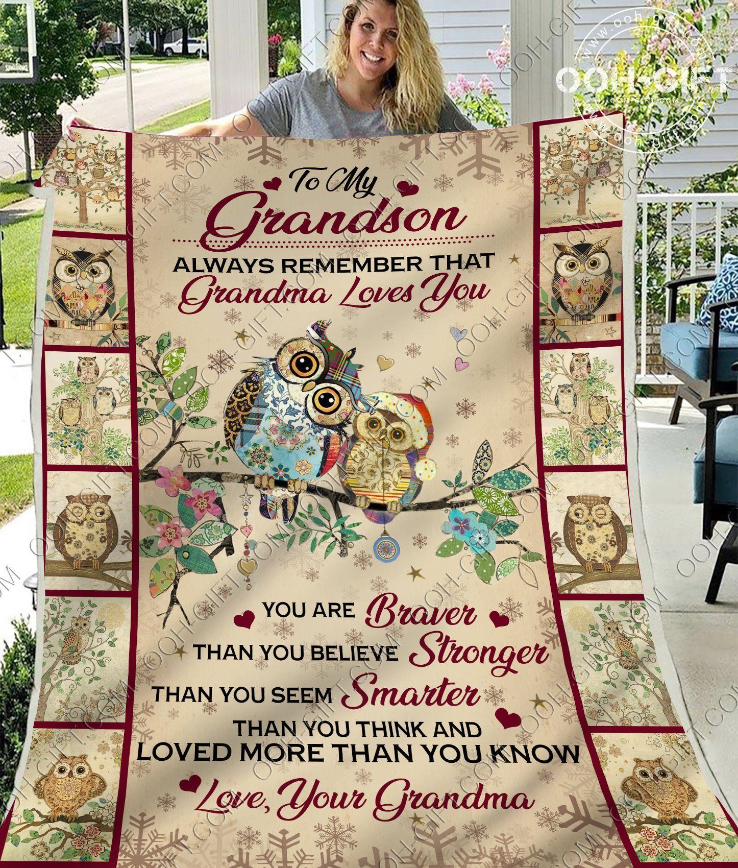 To My Grandson Grandma Owl Sherpa Fleece Blanket