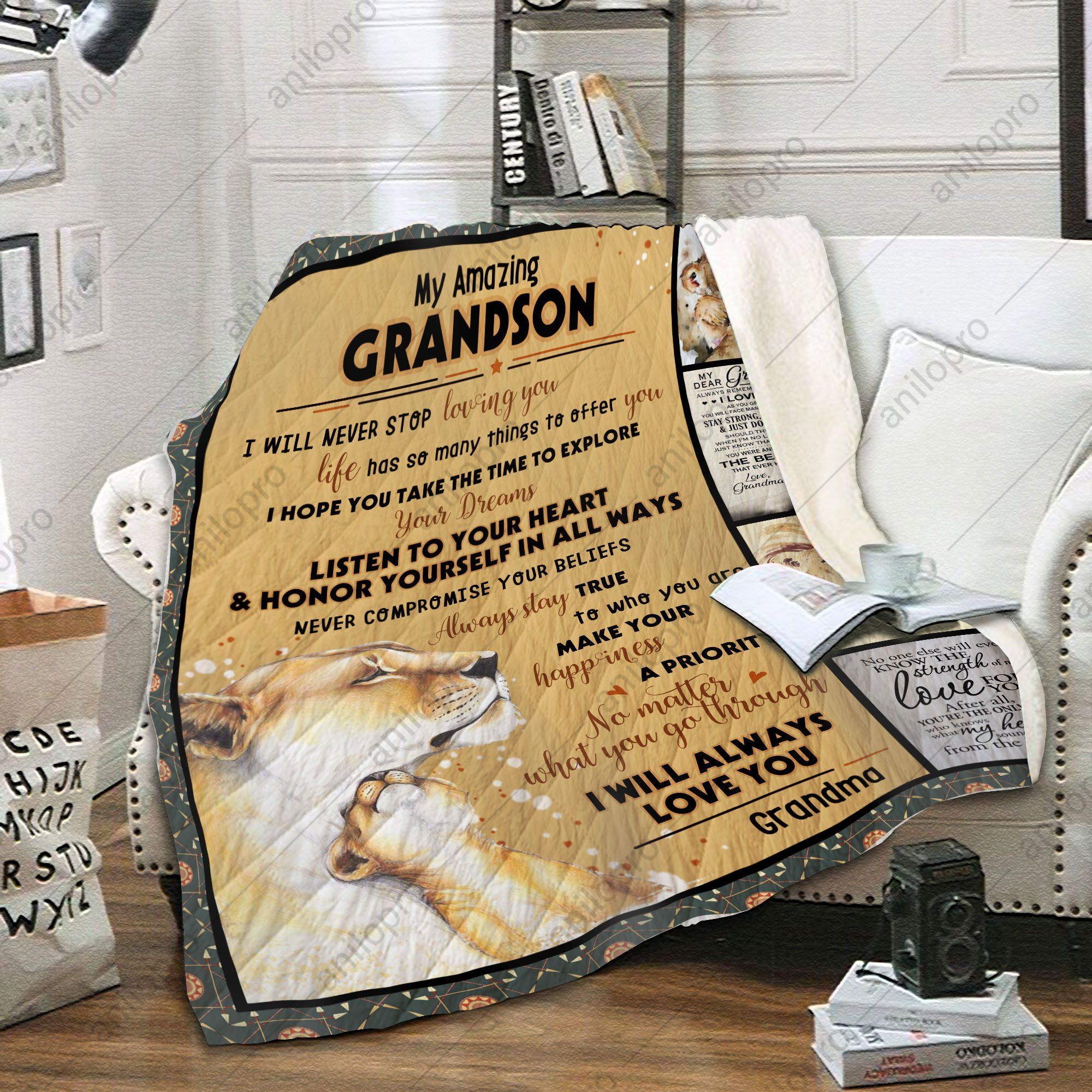 To My Grandson Granma Lion Sherpa Fleece Blanket