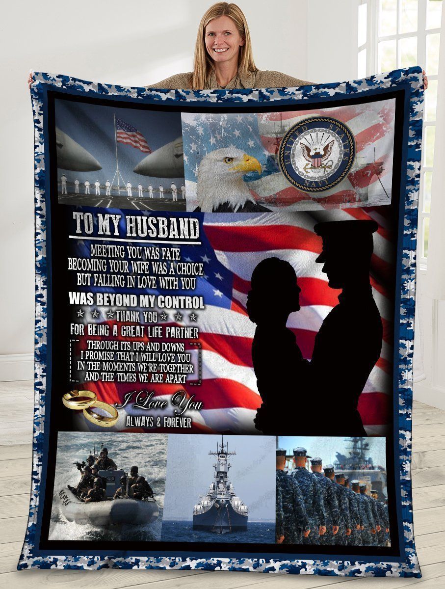 To My Husband Meeting You Was Fate Us Navy Fleece Blanket