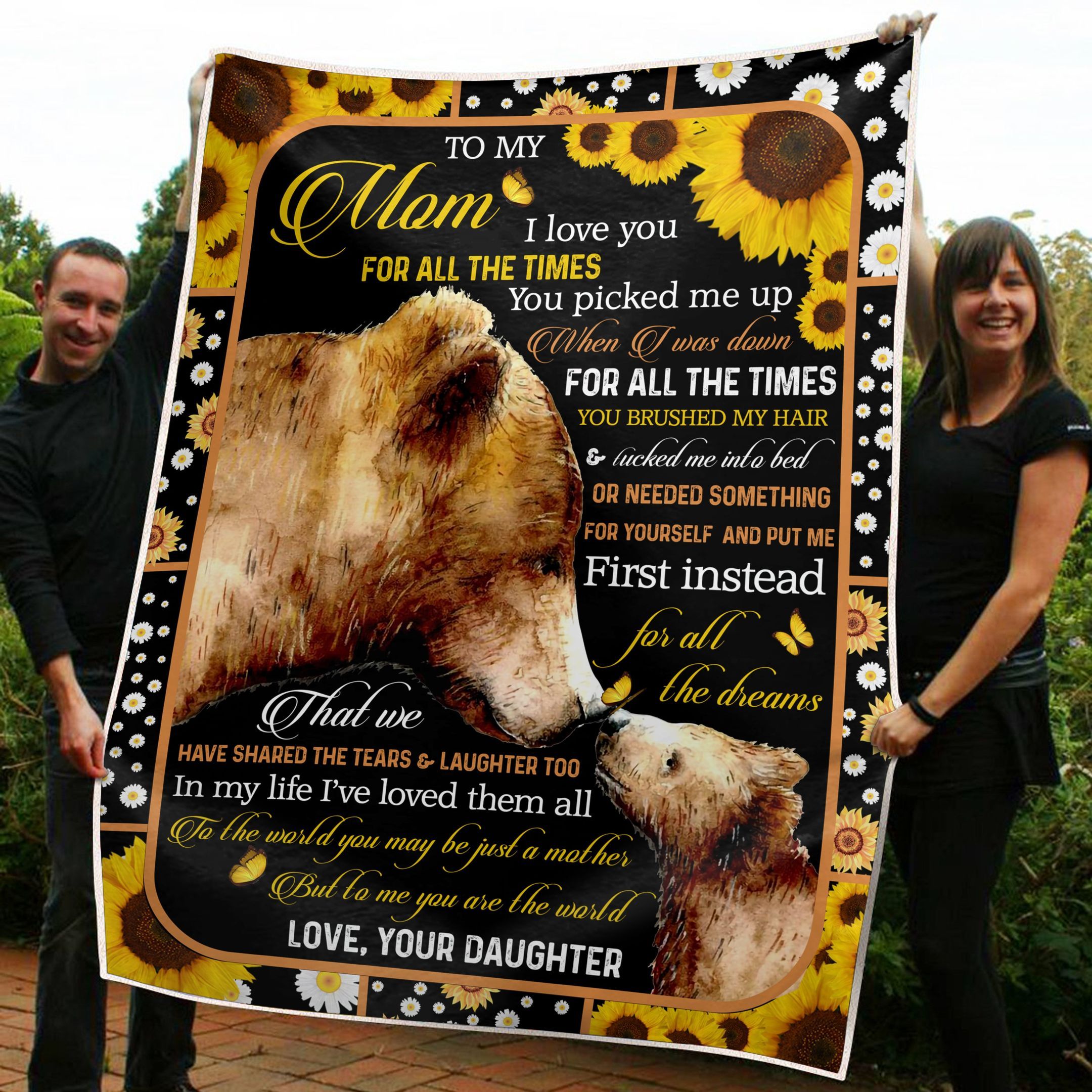 To My Mom Bear Sunflower Sherpa Fleece Blanket