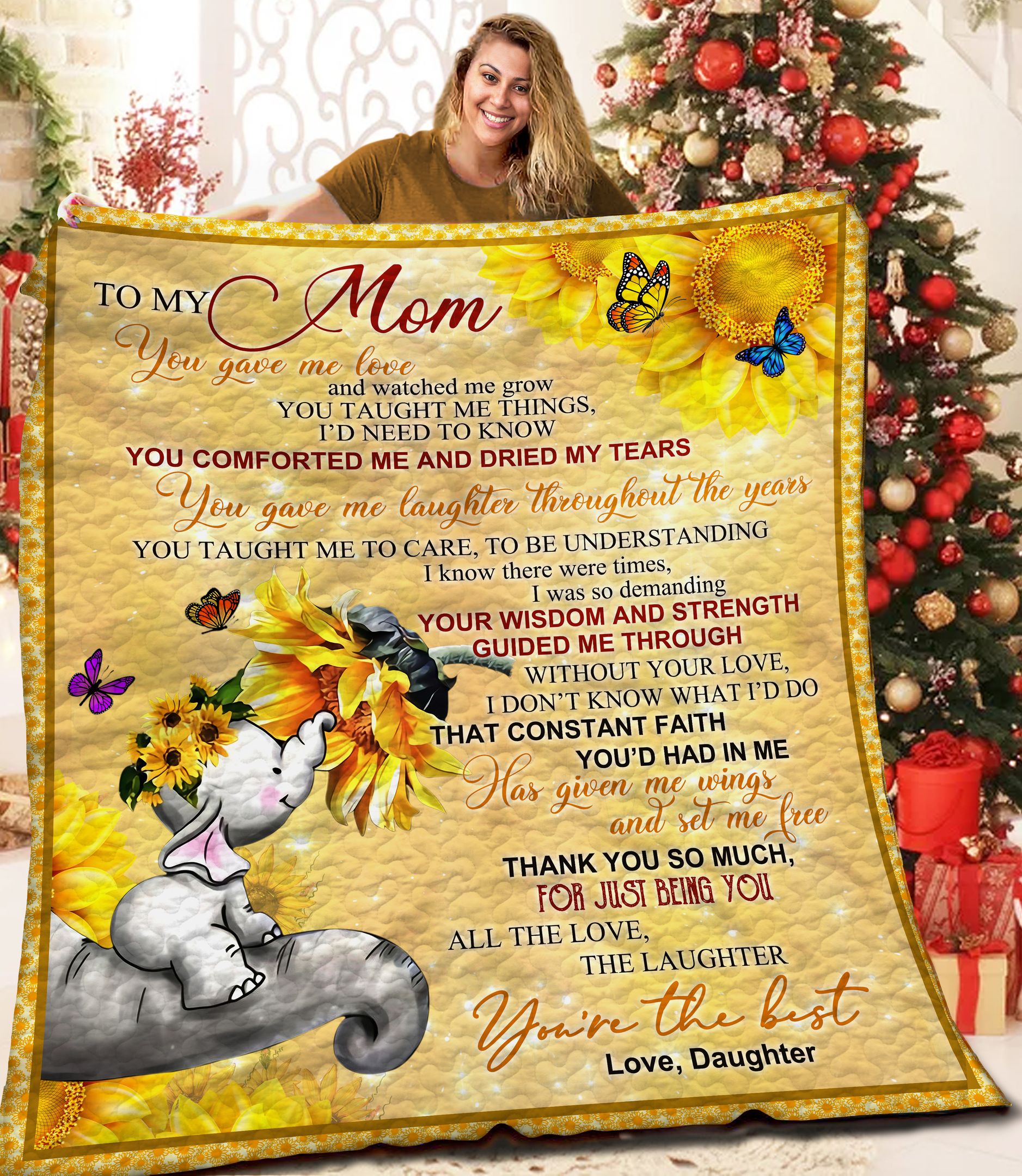 To my Mom Elephant Sunflower MMM131105MI Quilt Blanket