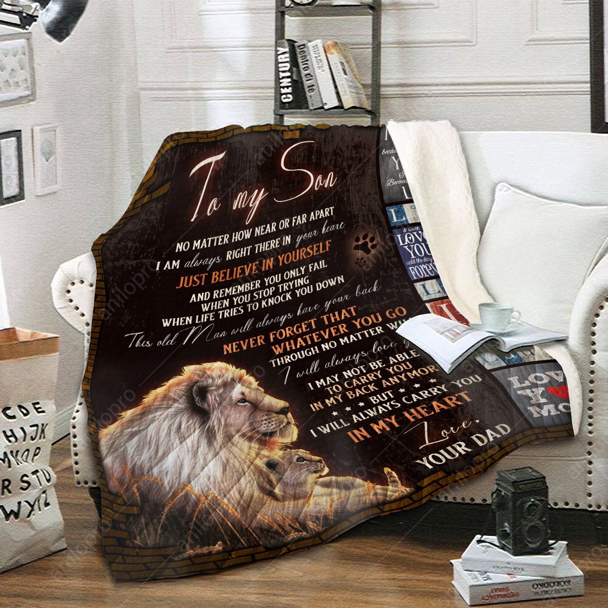 To My Son Dad Lion Sherpa Fleece Blanket