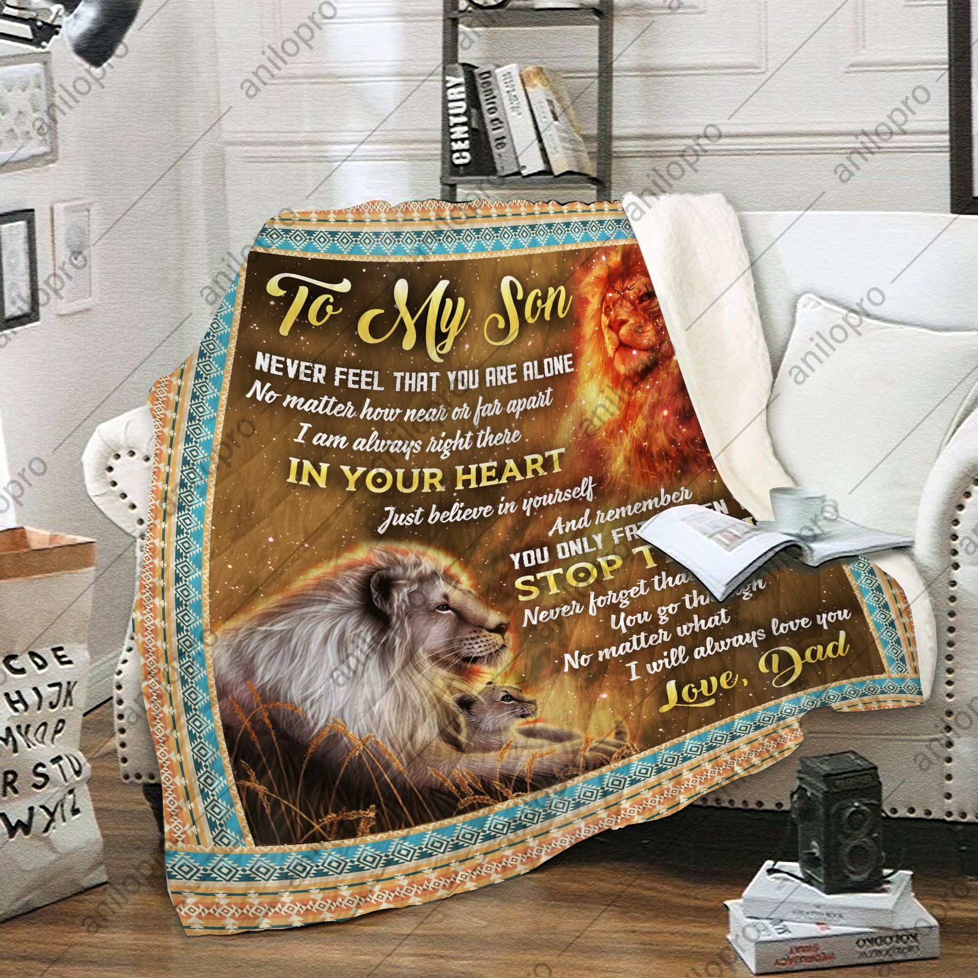 To My Son Dad Lion Sherpa Fleece Blanket