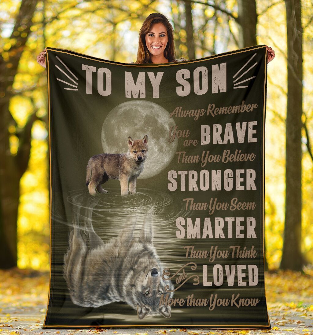 To My Son Grey Wolf Shadow Wolves Gifts Fleece Blanket