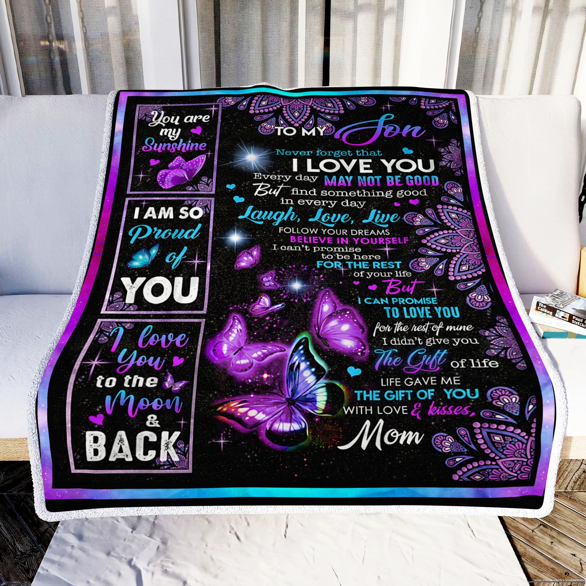 To My Son I Love You Mom Butterfly Fleece Blanket