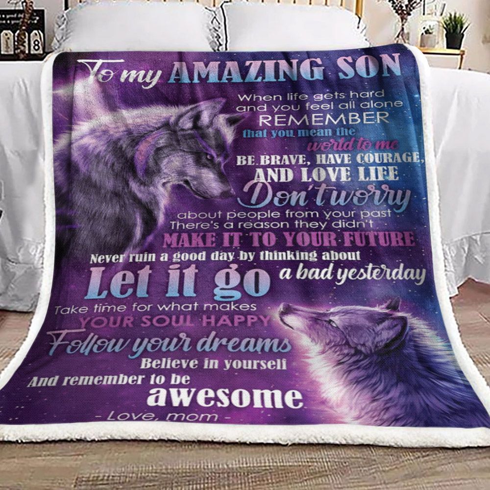 To My Son Wolf Sherpa Fleece Blanket