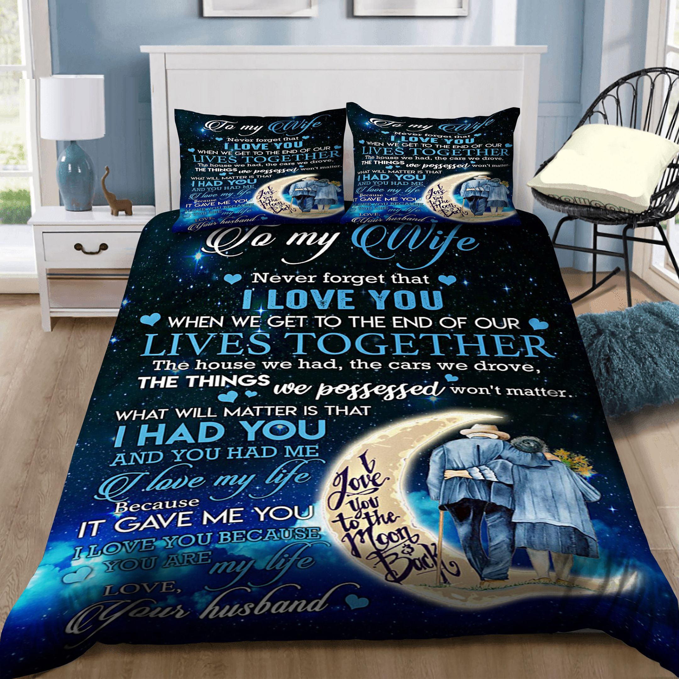 To My Wife Love Husband To The Moon And Back Bedding Set