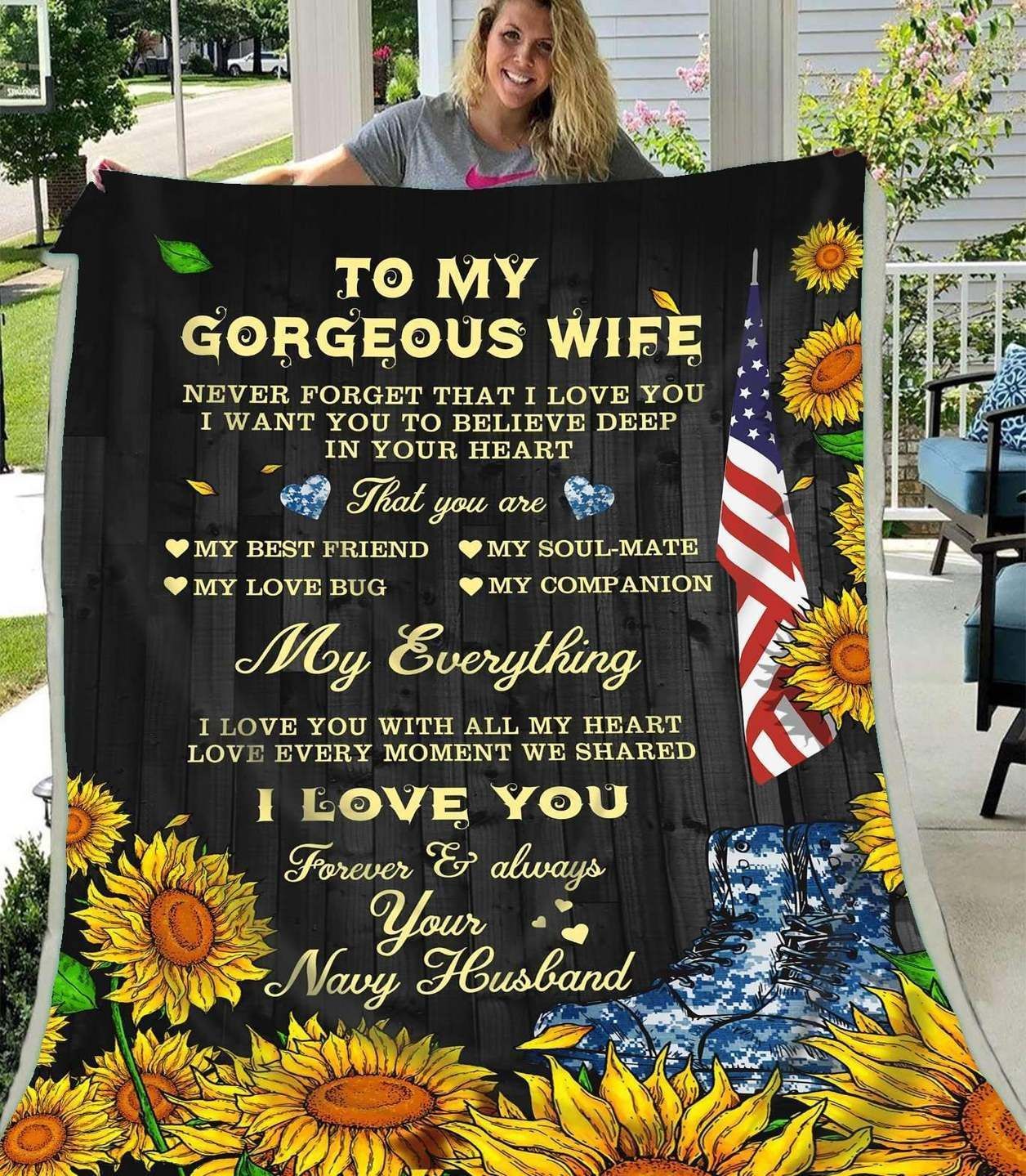 To My Wife My Everything Navy Sherpa Fleece Blanket