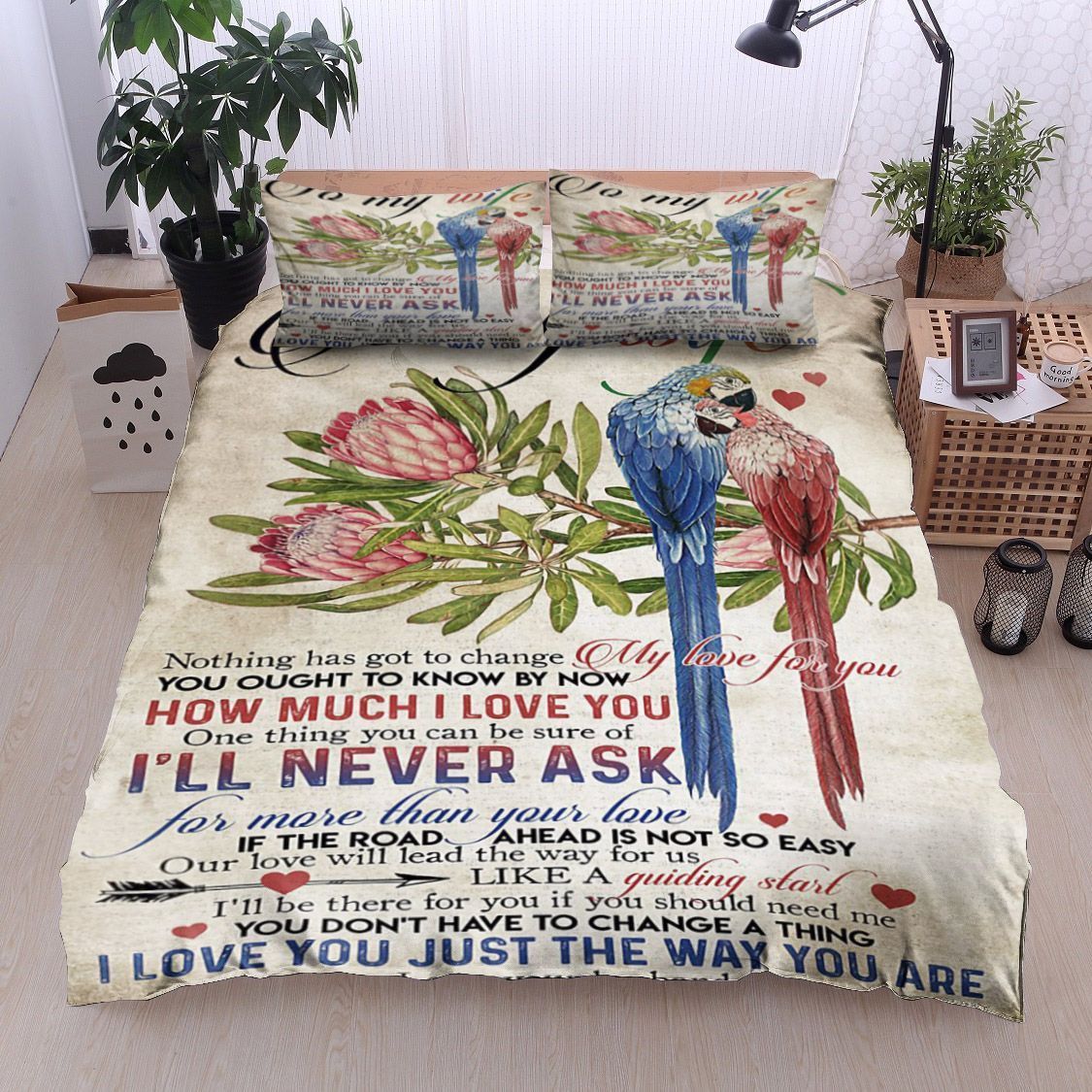 To My Wife Protea Flower Bird Bedding Set