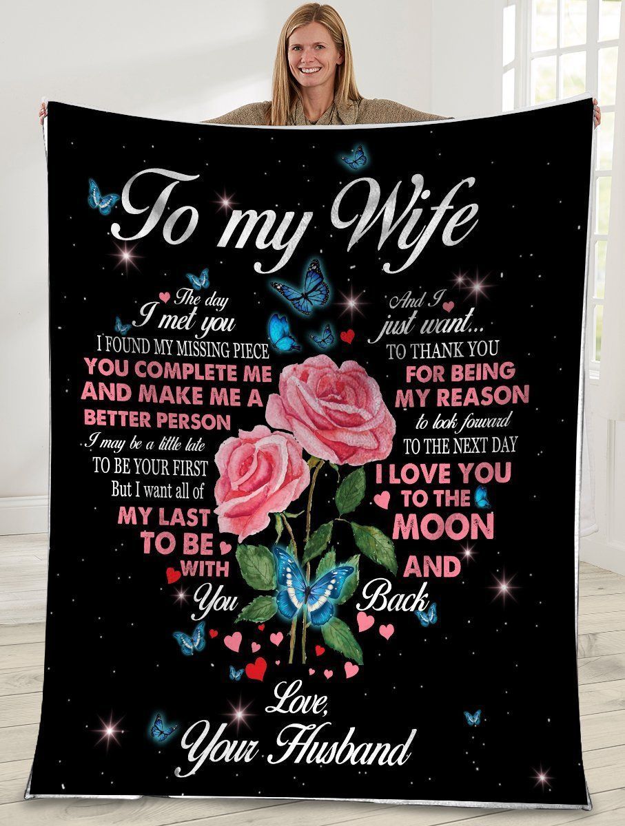 To My Wife The Day I Met You Rose Butterfly Fleece Blanket