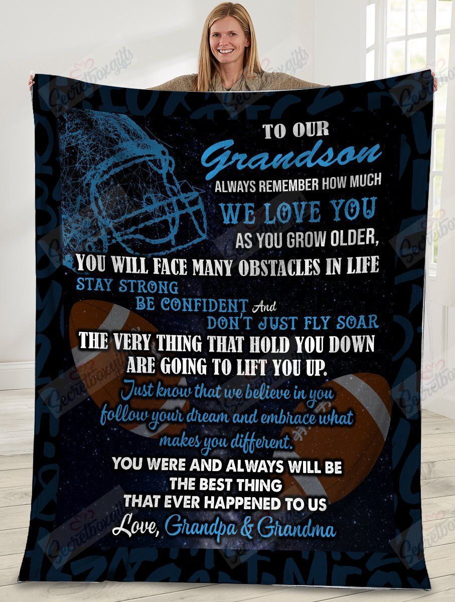 To Our Grandson Always Remember How Much We Love You Grandpa Grandma Football Fleece Blanket