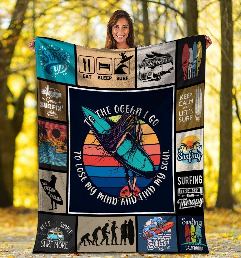 To The Ocean I Go Surfing Summer Surfer Fleece Blanket