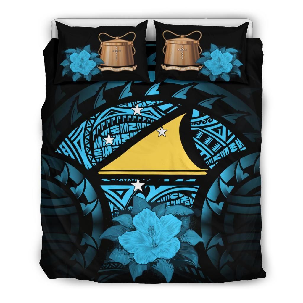Tokelau Turquoise Hibiscus Blue And Black Bedding Set