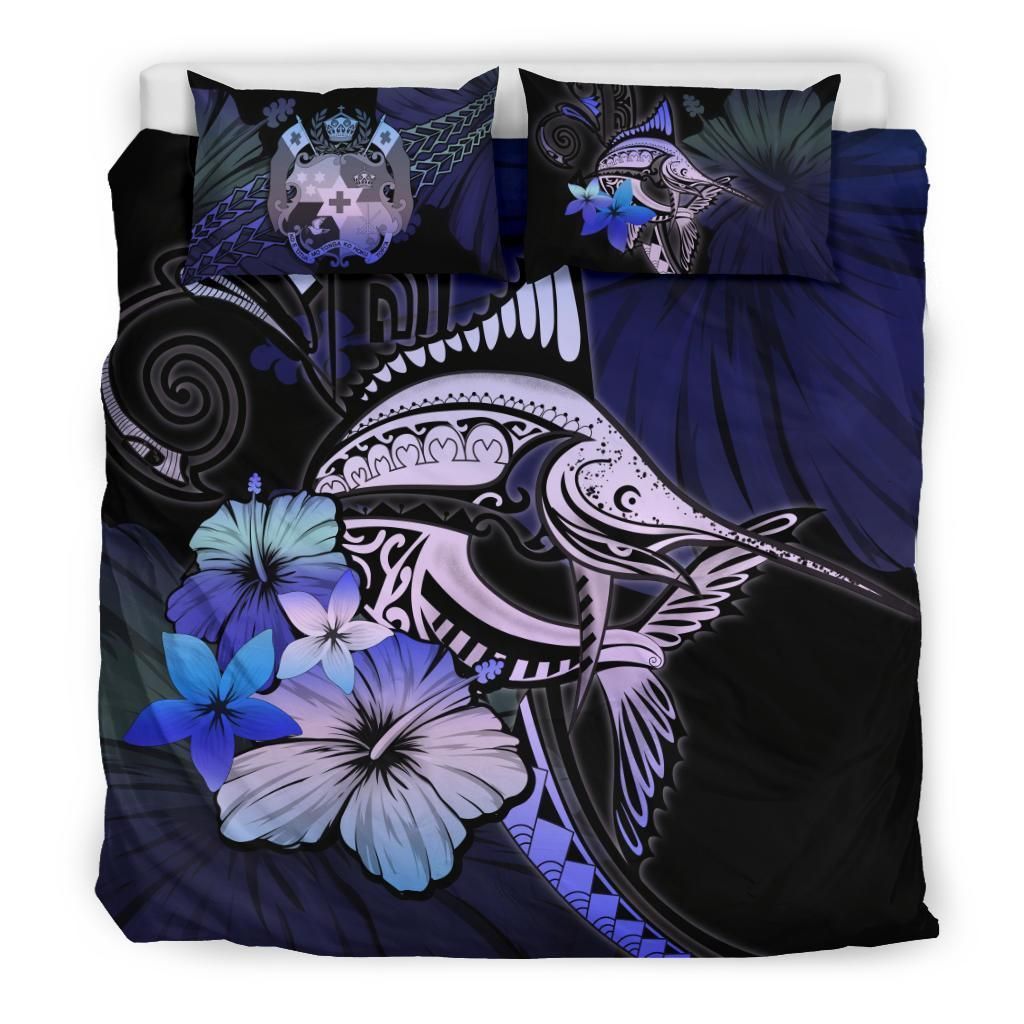 Tongan Purple Blue Marlin And Hibiscus Bedding Set