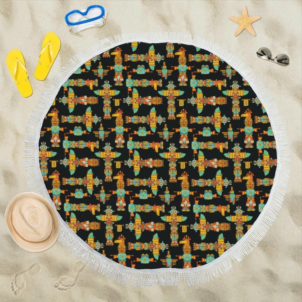 Totem Pole Cartoon Print Round Beach Towel