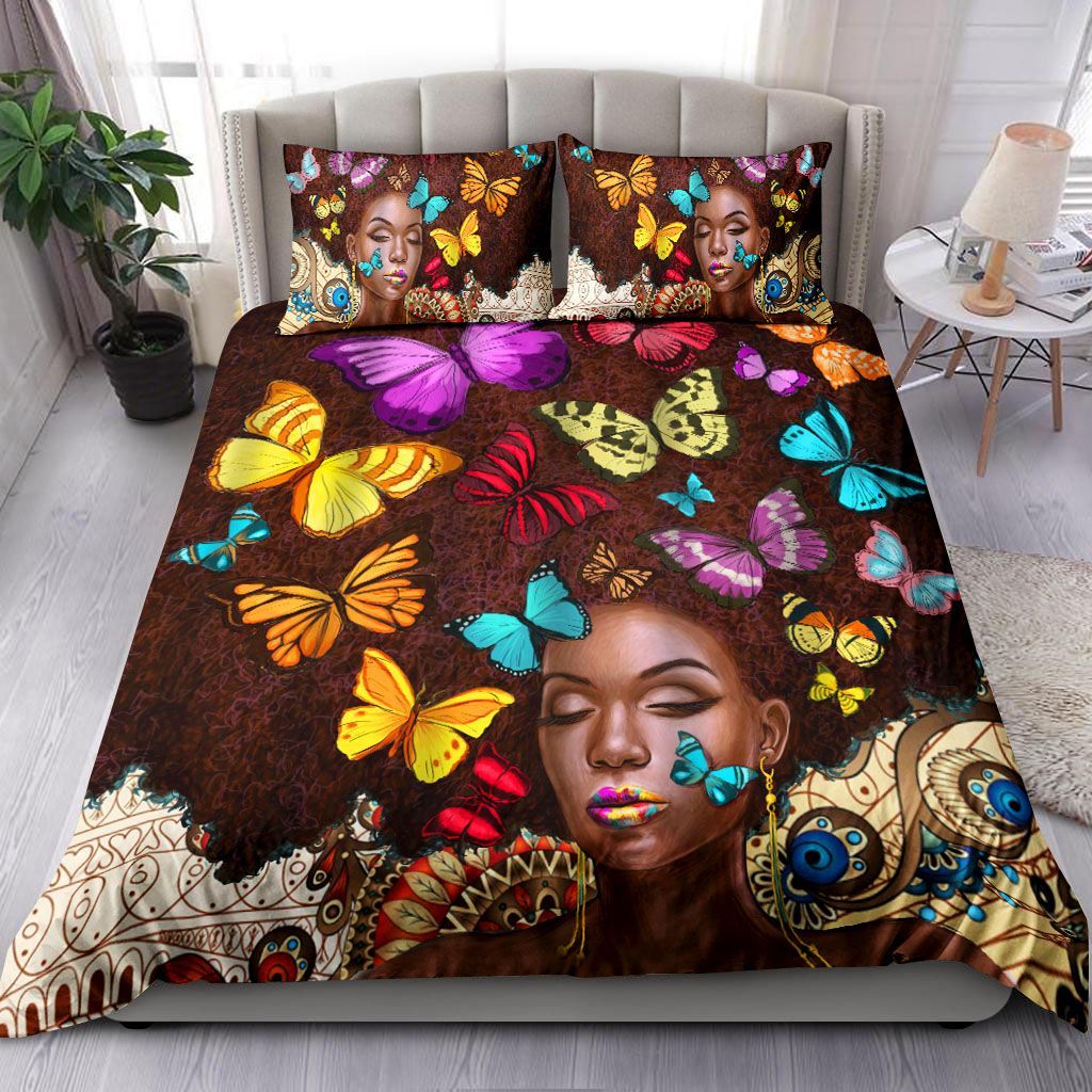 Traditional African American Black Women With Brown Hair And Surround By Butterfly Bedding Set