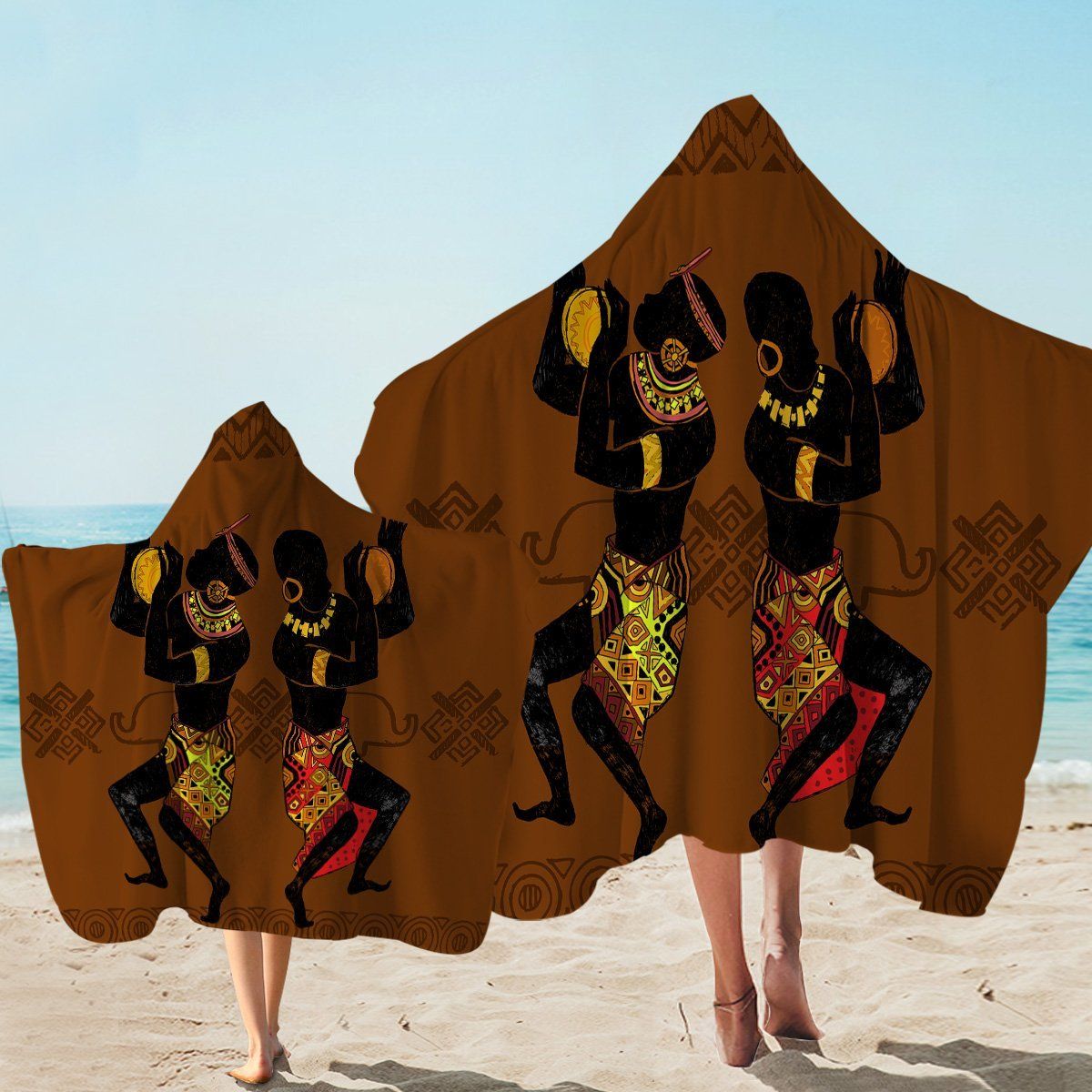 Traditional African Dance Brown Pattern Printed Hooded Towel