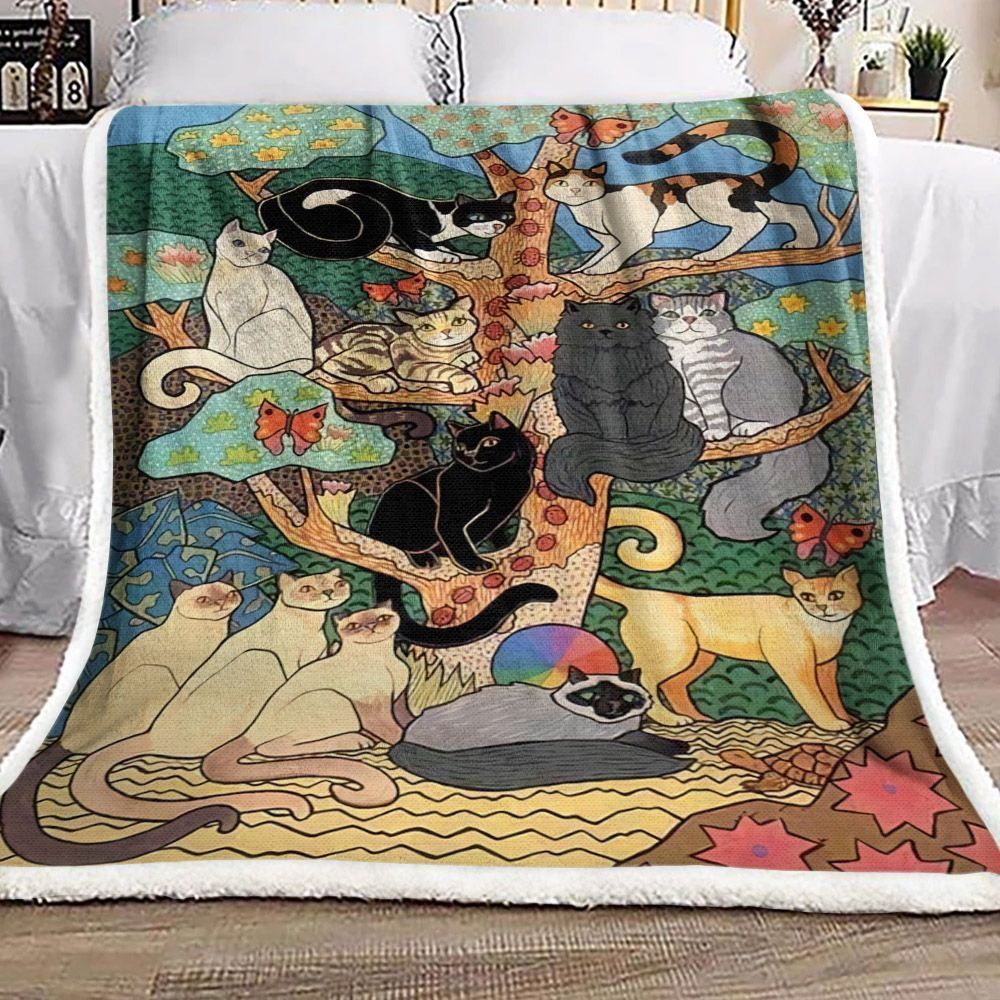 Tree And Cat Sherpa Fleece Blanket