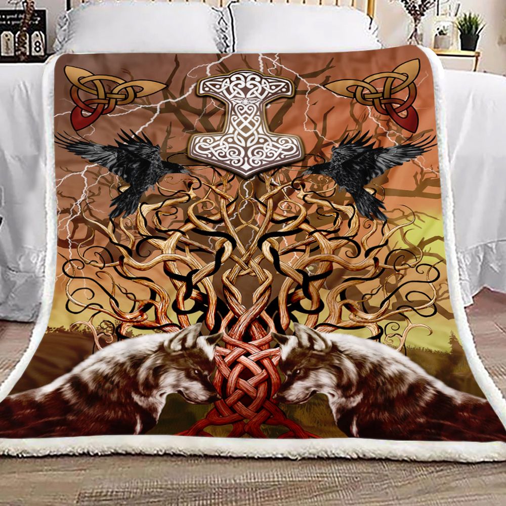 Tree Of Life Mjolnir Fenrir Raven Wolf Fleece Blanket
