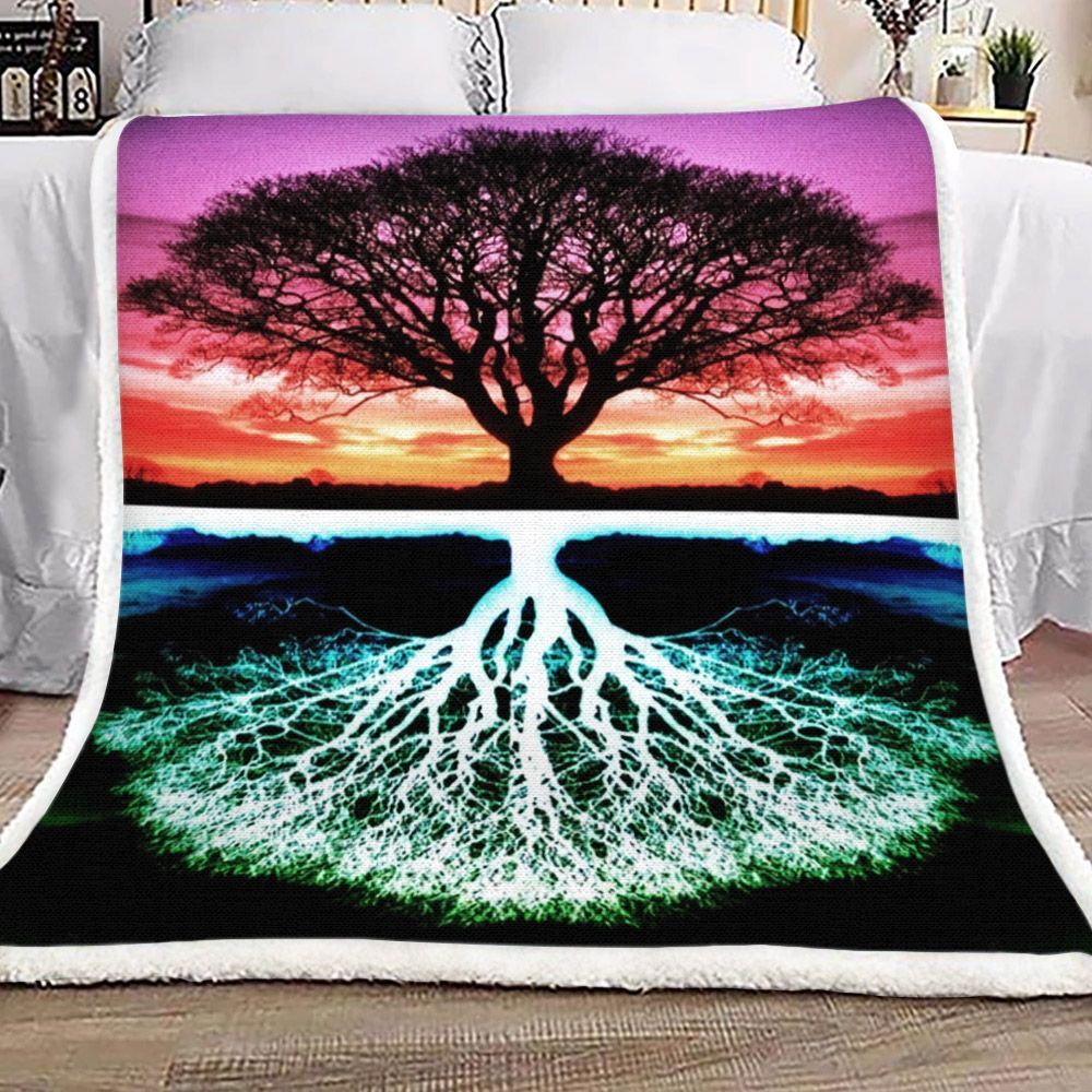Tree Of Life Sunset And Night Sherpa Fleece Blanket