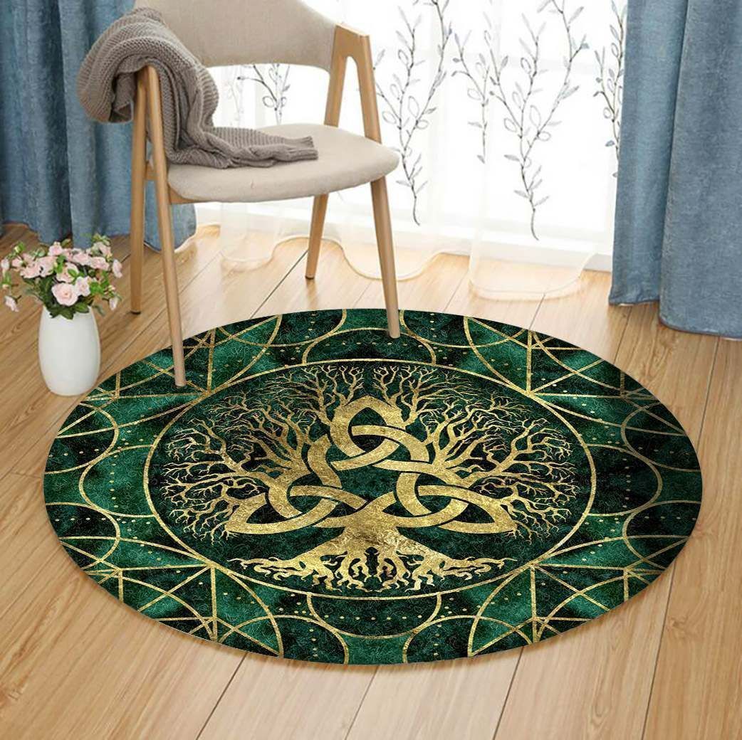 Tree Of Life With Triquetra Malachite Round Carpet
