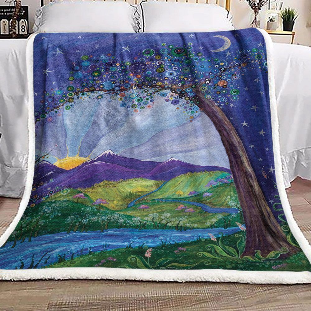 Tree River Mountain Moon Sun Star Sherpa Fleece Blanket