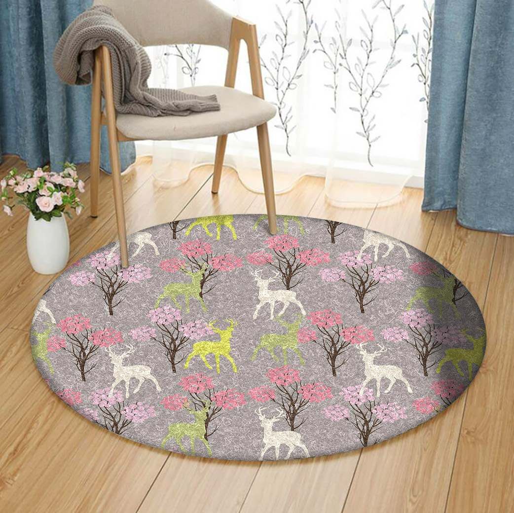 Trees And Deer Round Carpet