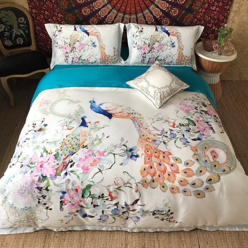 Trendy Pink White Green And Blue Peacock And Flower Print Sophisticated Elegant Bedding Set