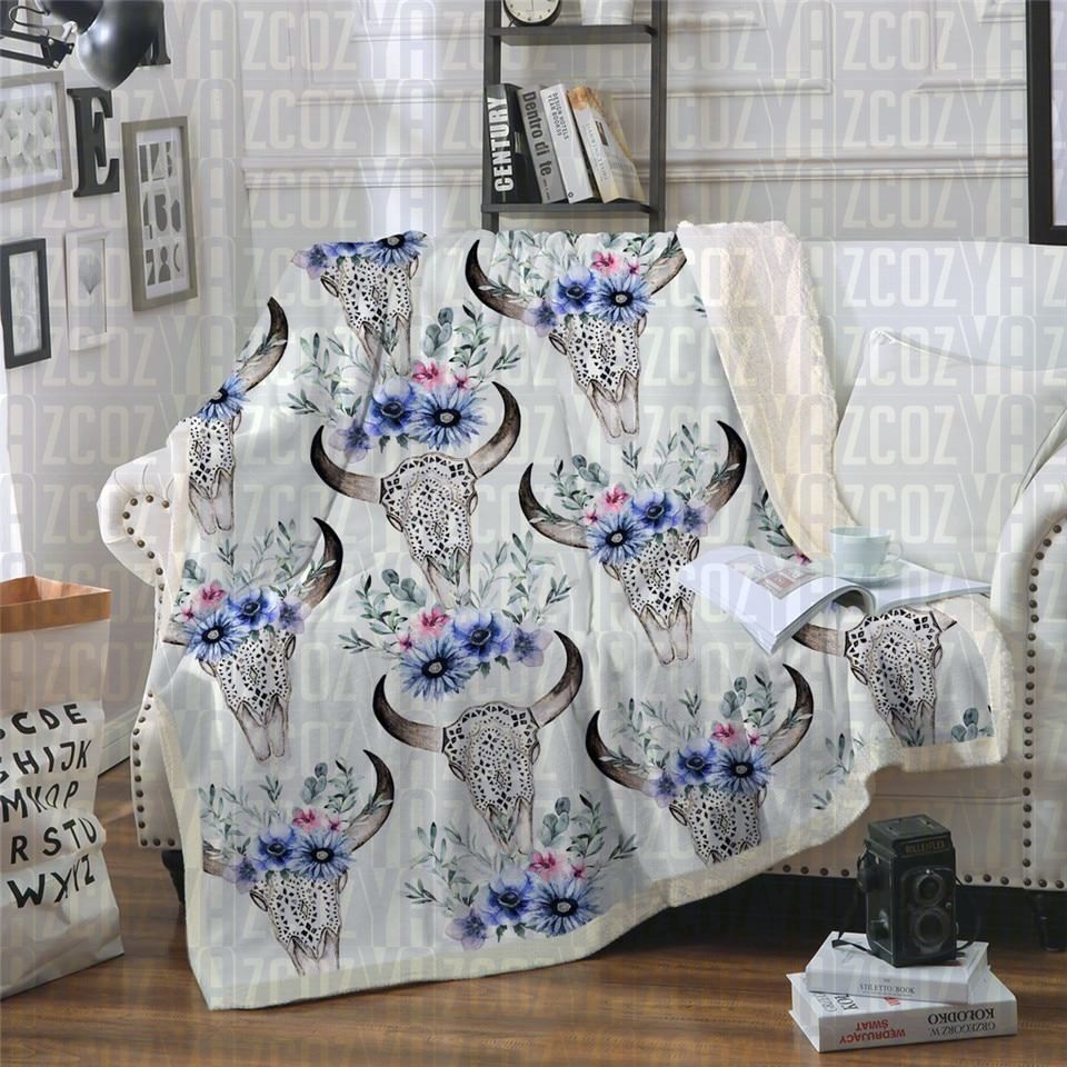 Tribal Bull Skull Sherpa Fleece Blanket