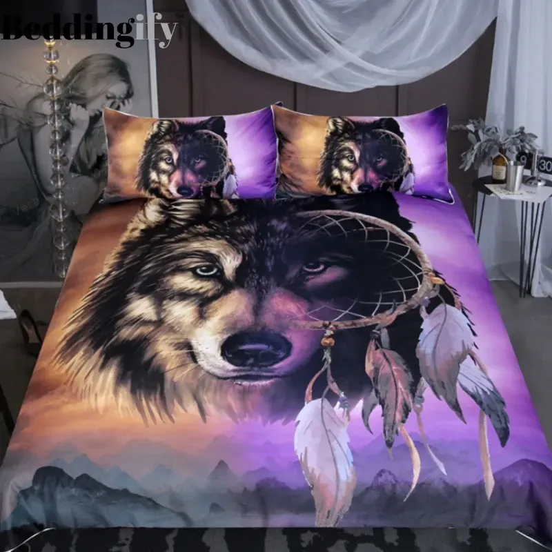 Tribal Dreamcatcher Purple Wolf Gs Cl Bedding Set