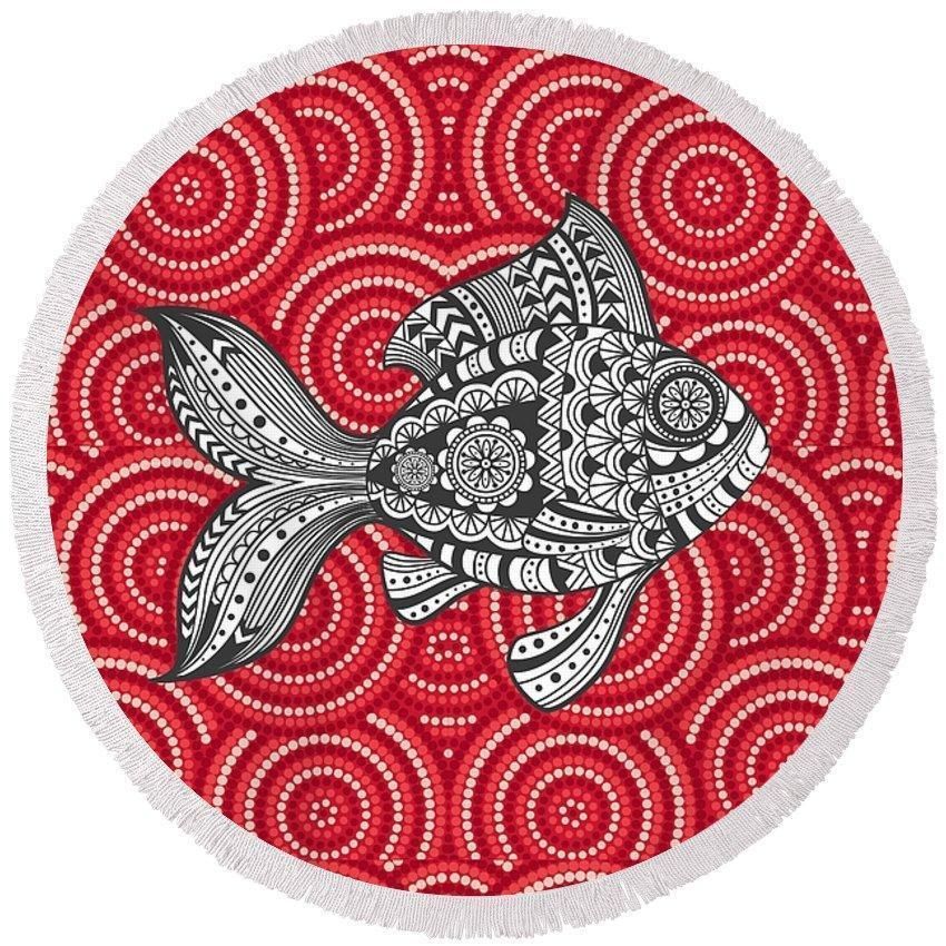 Tribal Fish Red Pattern Printed Round Beach Towel