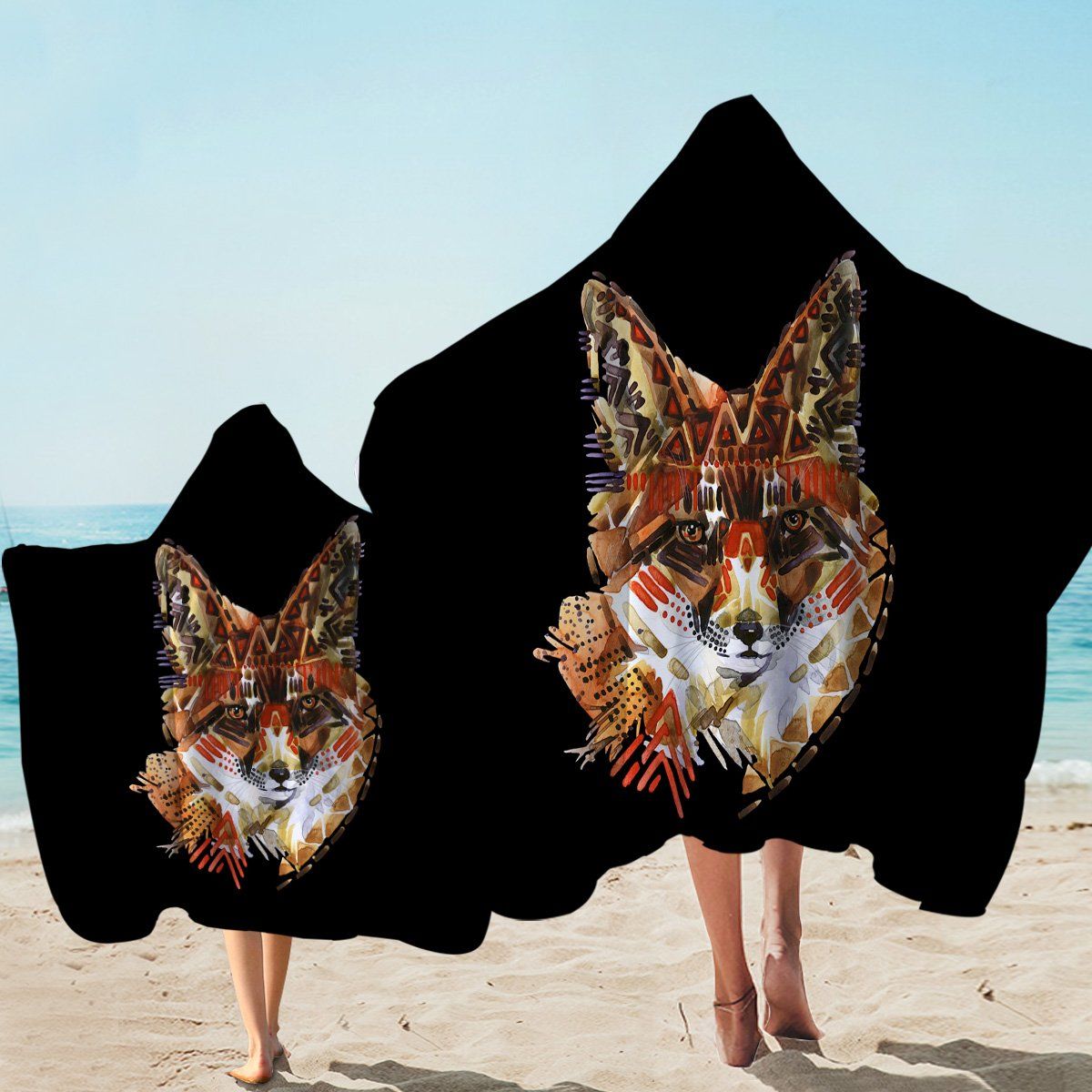 Tribal Fox Black Pattern Printed Hooded Towel