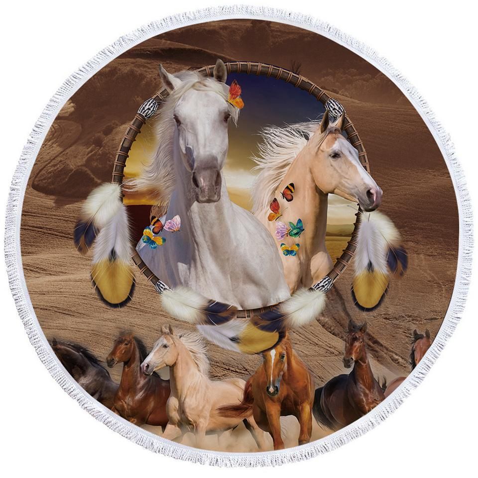 Tribal Horses Dreamcatcher Round Beach Towel