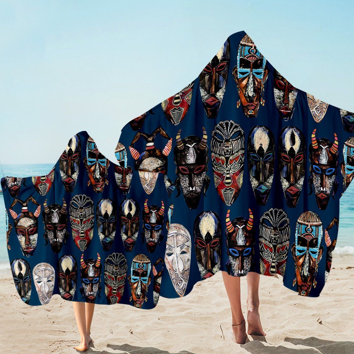 Tribal Masks Vintage Printed Hooded Towel