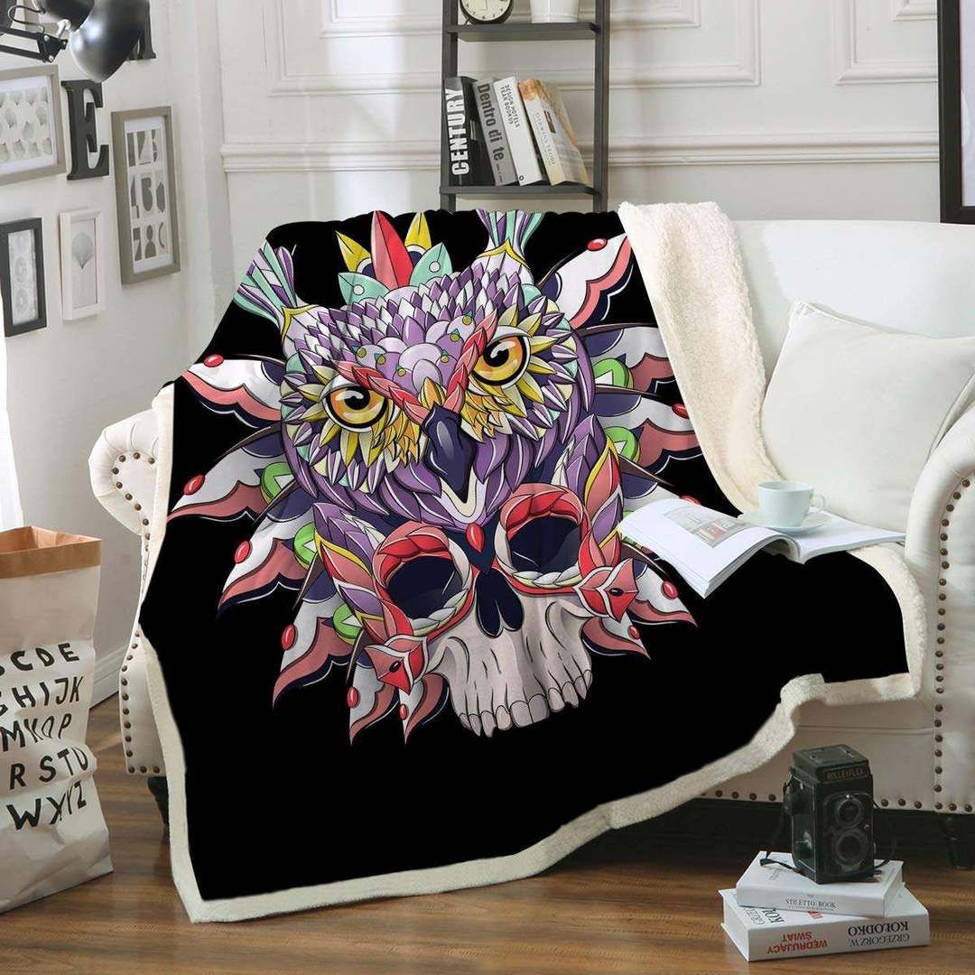 Tribal Owl And Skull Sherpa Fleece Blanket