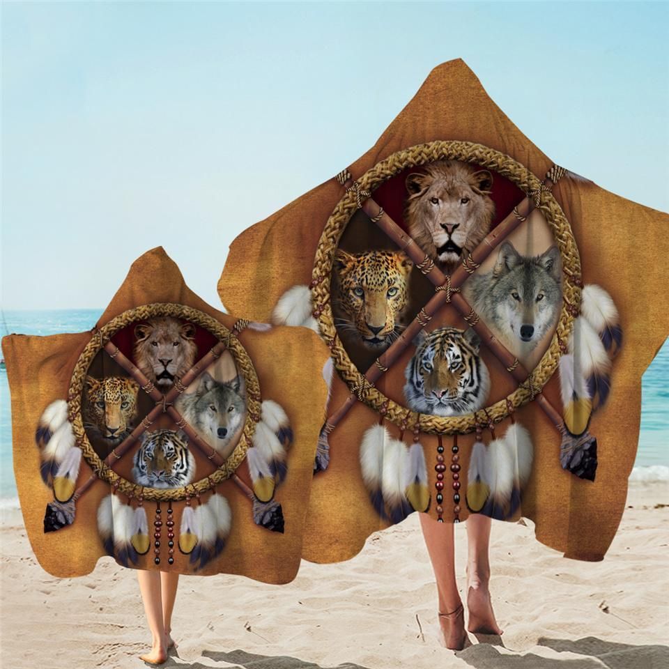 Tribal Predators Wild Animals Dreamcatcher Printed Hooded Towel