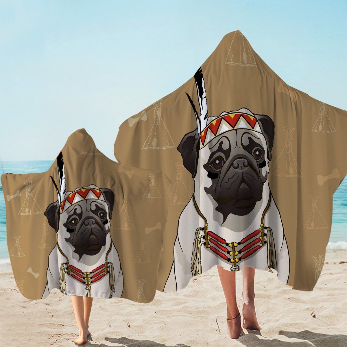 Tribal Pug Tan Printed Hooded Towel