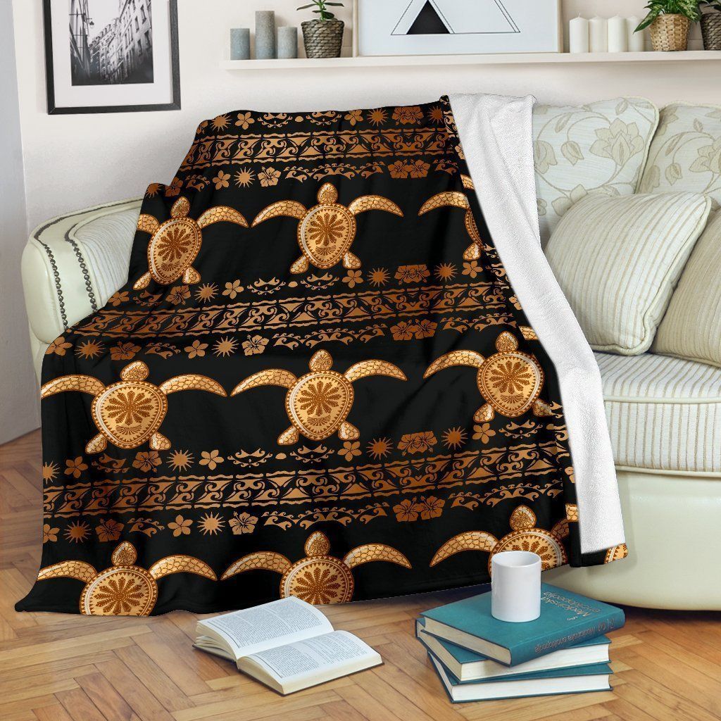 Tribal Sea Turtle Polynesian Hawaiian Black Fleece Blanket