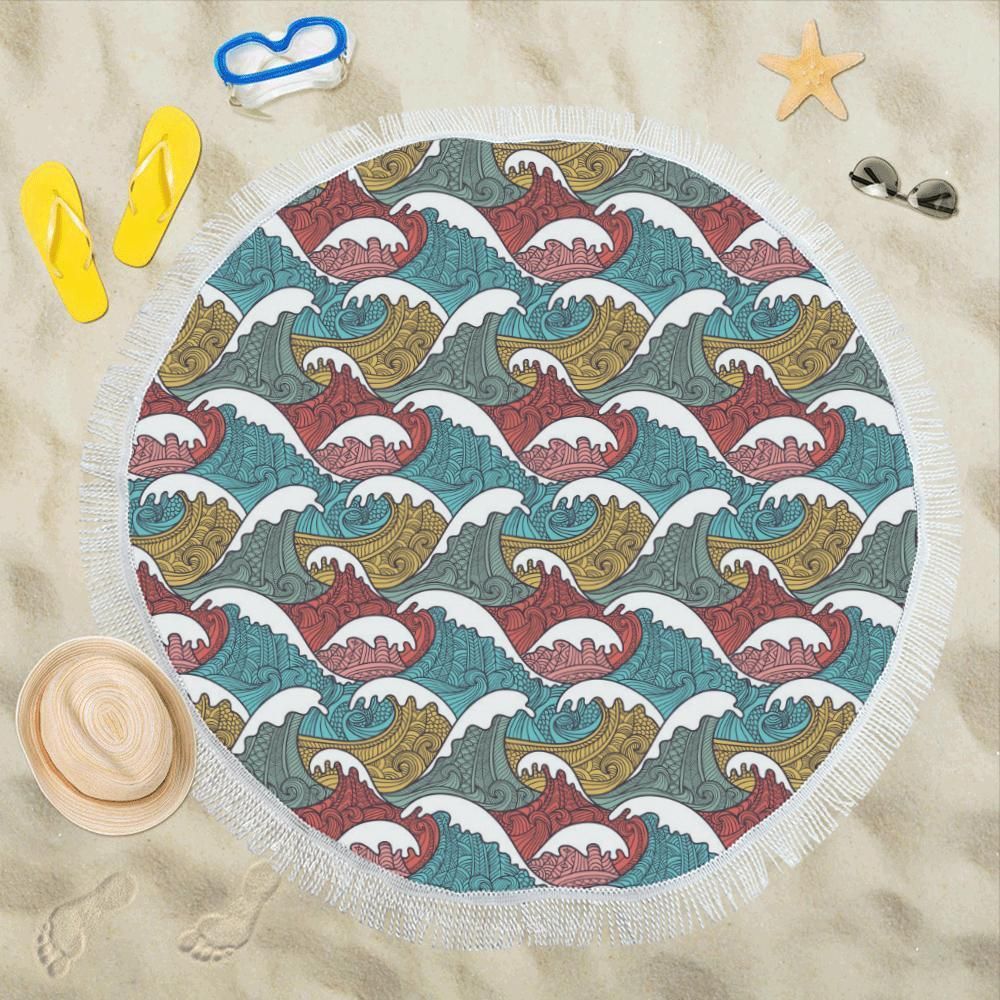 Tribal Wave Pattern Printed Round Beach Towel