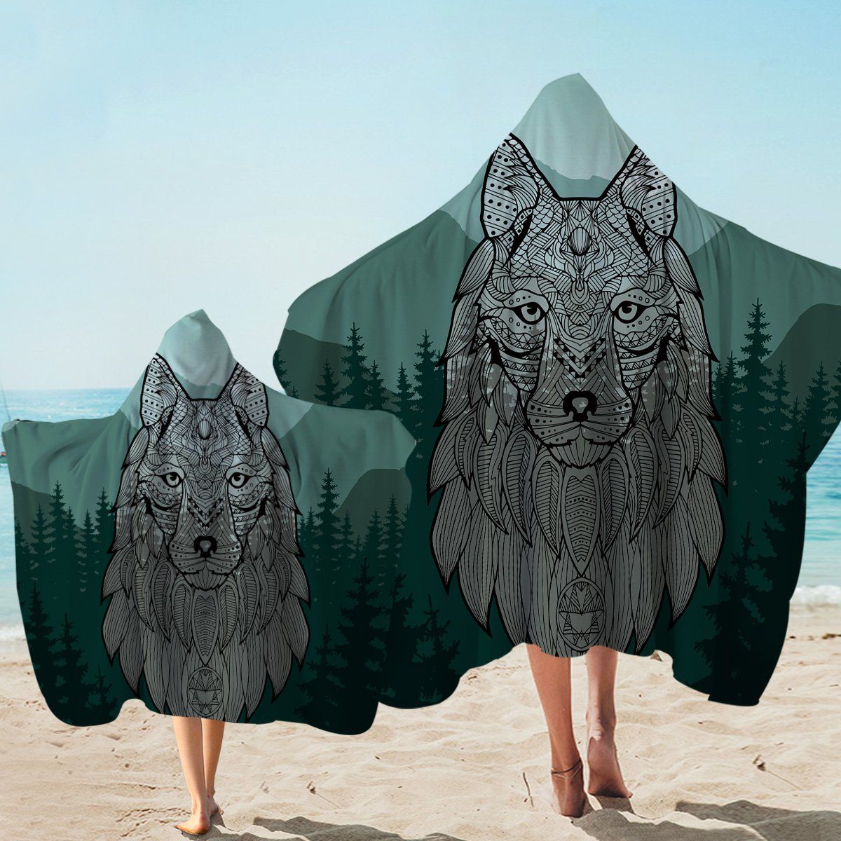 Tribal Wolf Forest Printed Hooded Towel