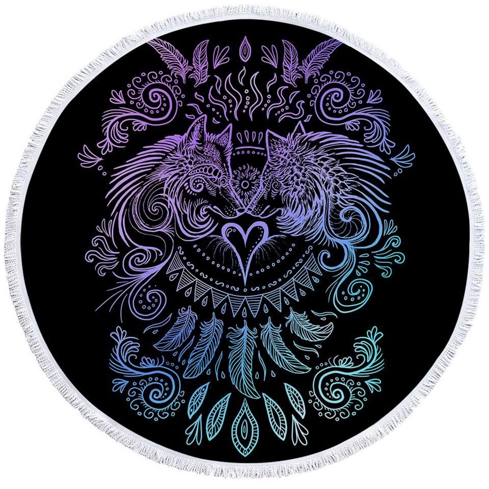 Tribal Wolves On Black Round Beach Towel