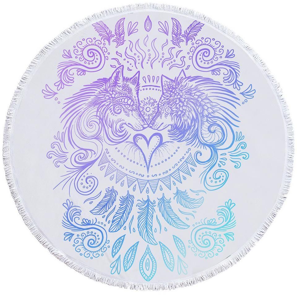 Tribal Wolves White Printed Round Beach Towel