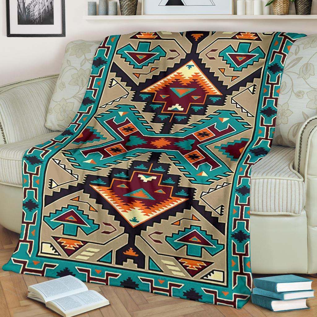 Tribe Blue Pattern Native American Sherpa Fleece Blanket